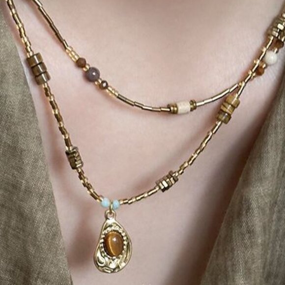 Faux Tiger Eye Pendant Beaded Necklace Personalized Collarbone Vintage Necklace - Picture 2 of 4